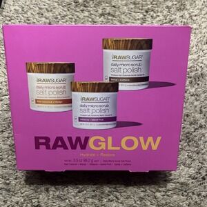 3 Pk Raw Sugar Daily Micro Scrub Salt Polish Santal Caffeine Coconut Mango Hibis